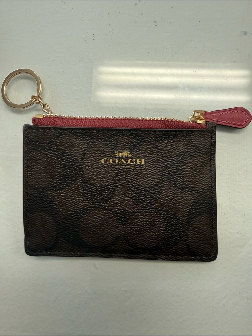Coach Brown Signature Mini Zip Card Case with Pink Trim